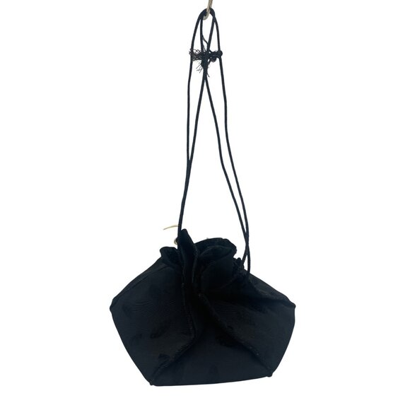 Black Drawstring Pouch Leaf Pattern Victorian Style Purse - Picture 1 of 6